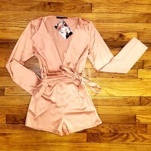 Naked Wardrobe Satin Peach Nude Romper Size S